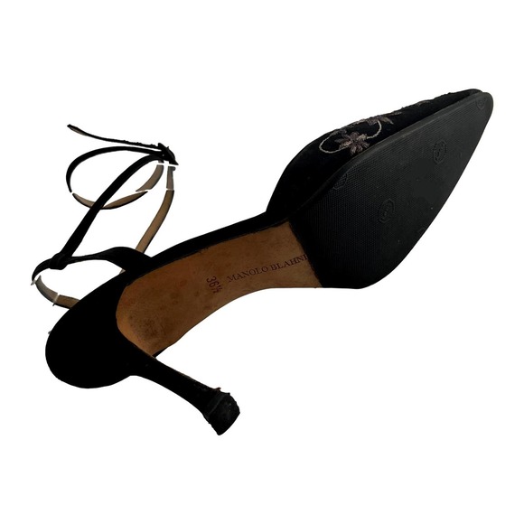 COPY - Manolo Blahnik Black Silver Hand Painted Floral Ankle Wrap Pumps Size 36 - Picture 11 of 11